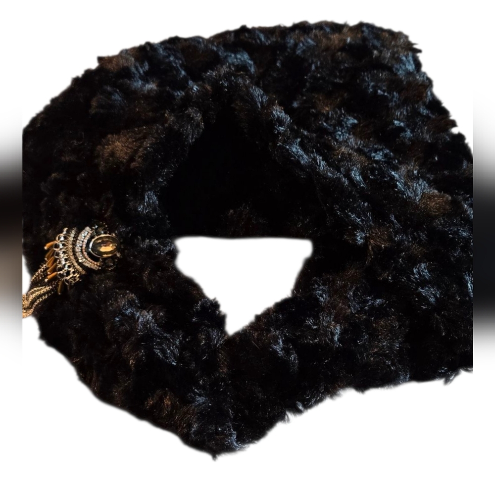 Black Faux Fur Neck Warmer with Decorative Brooch - Vintage
